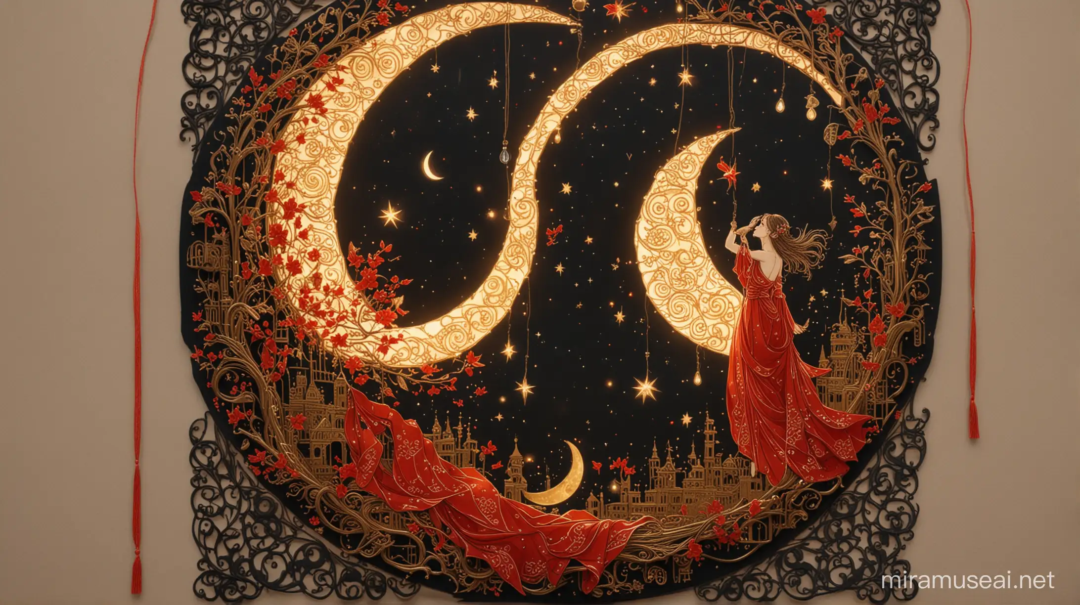 an illustration with girl and an old moon with fairy lights in the style of dark gold molten filigree and red confessional playful and whimsical designs notable sense of movement can't believe how beautiful this is highangle hanging scroll ar Image
