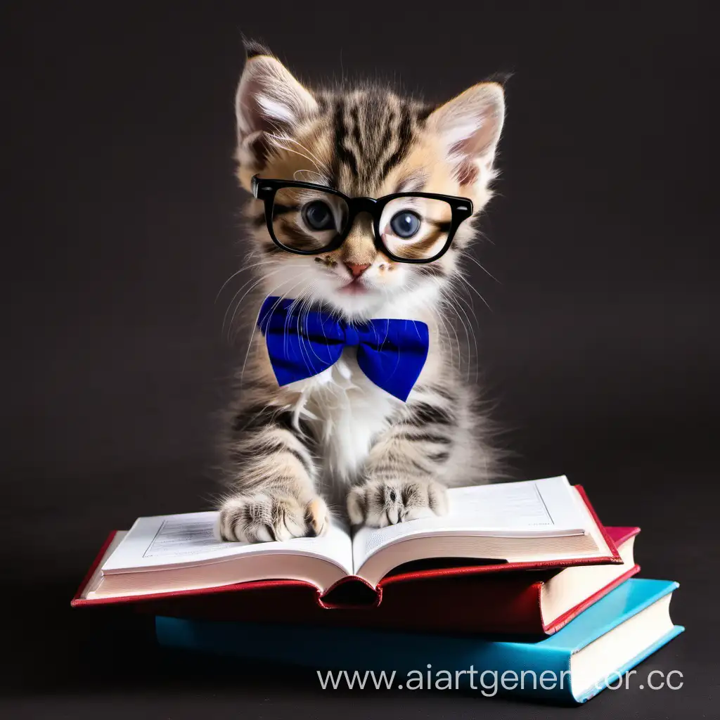 Маленький котёнок с очками держит в лапках учебники