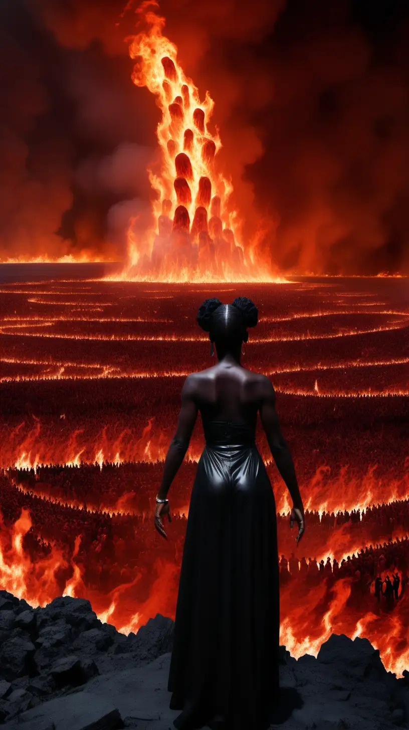 a black lady in hell looking at the lake of fire with thousands of people screaming in it
