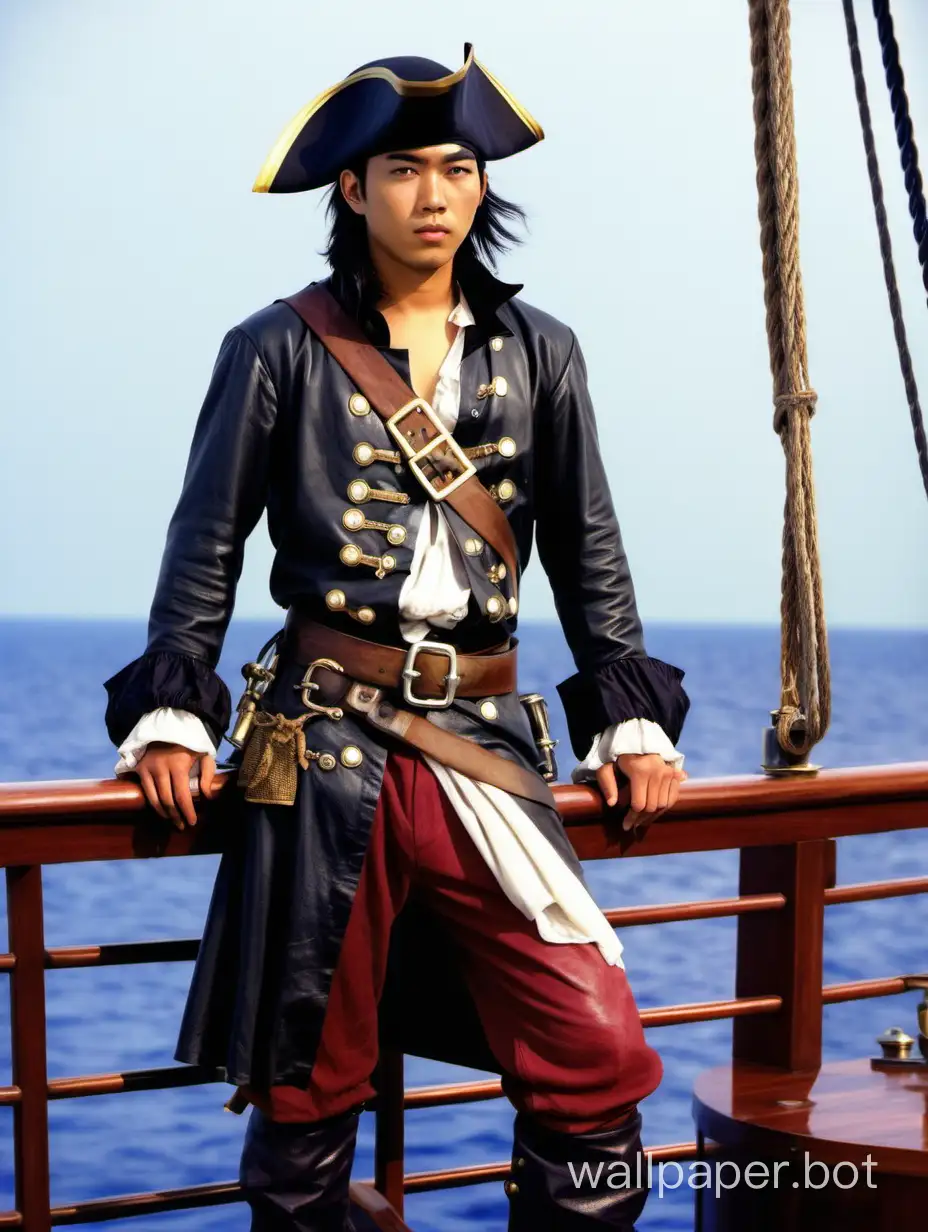 Young-Asian-Pirate-in-Leather-Stands-on-Ship-Deck