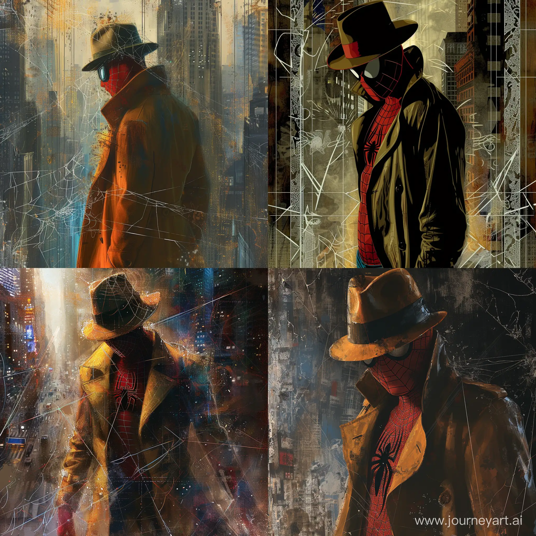 Spider-man in trenchcoat and fedora / fractal/ filigree / noir/ city/ deep shadows/webs full colour