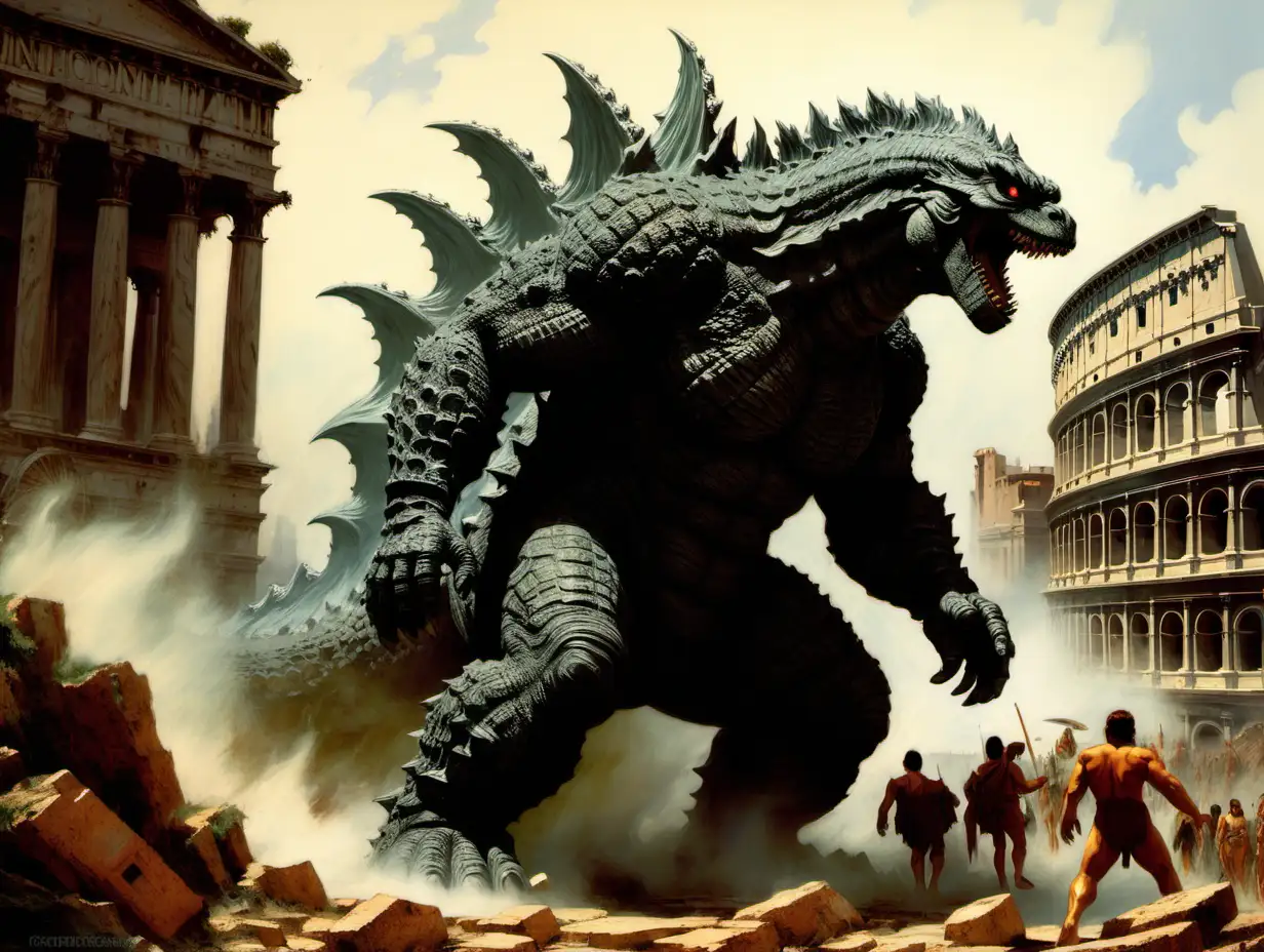 Majestic Godzilla Strolls Amidst Ancient Roman Splendor in Frank Frazetta Style