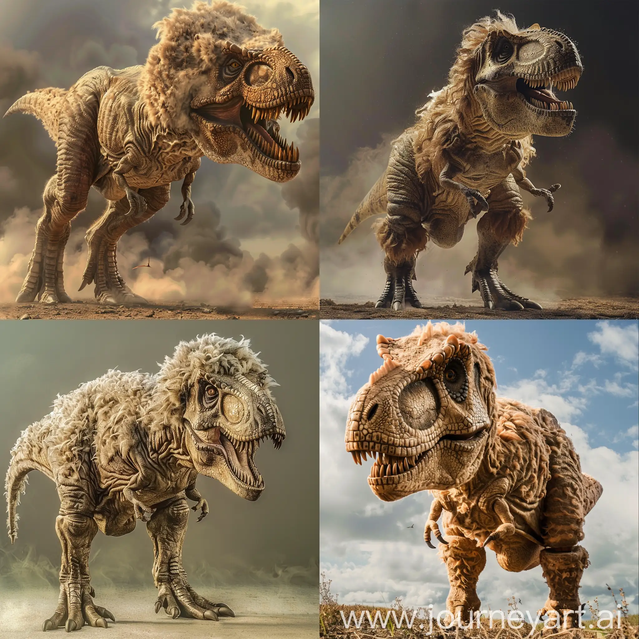 a t-rex which the whole body covered by fur and looks like a dog