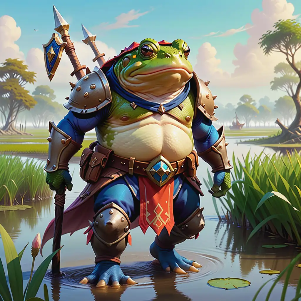 medieval toad warrior, patrolling the marsh, world of warcraft tcg art, stylized game asset