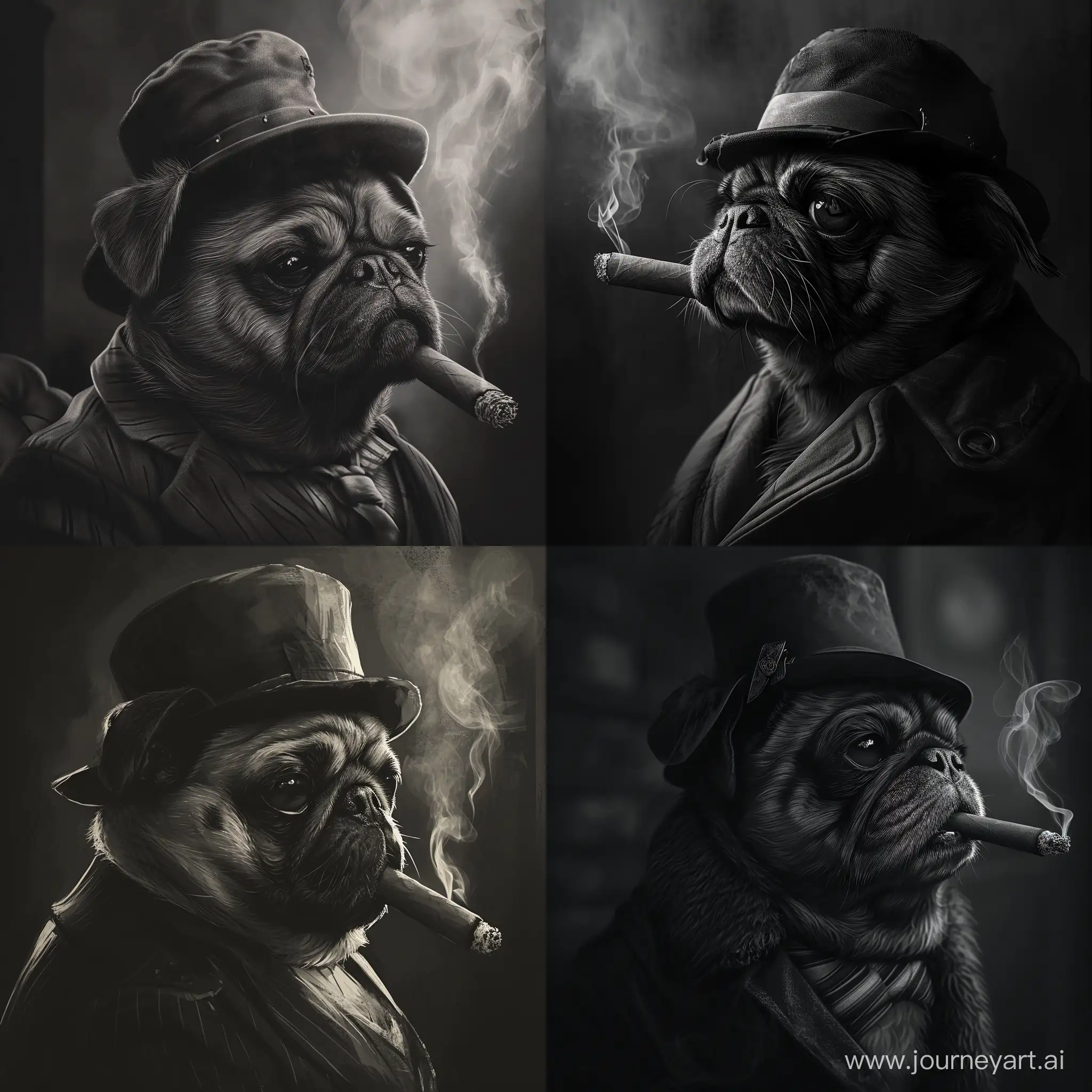 a medium quality digital painting of a Pug gangster from the 1920s, smoking a cigar, black and white, vintage, cigarette smoke, moody lighting, retro vibes, 4k resolution