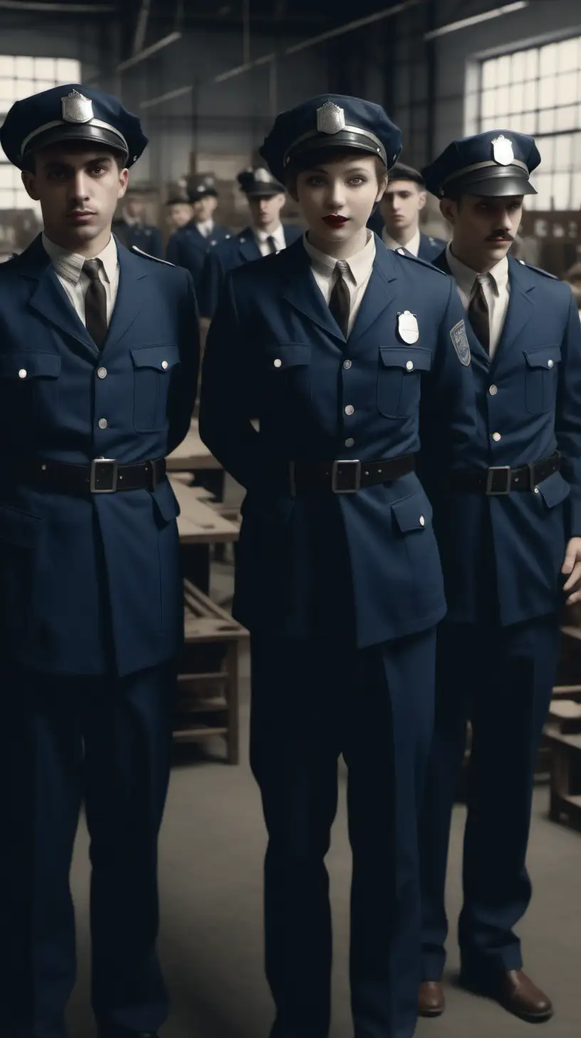 make an image of people removing thier police uniform in 1920's inside a factory while smirking straight  .hyper realistic  clear detail 8k