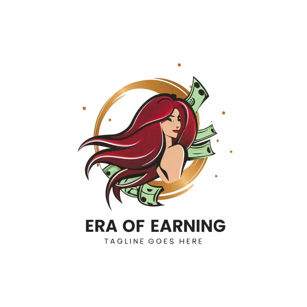 a logo design,with the text 'Era of Earning', main symbol:dark red hair, cash,Moderate, clear background