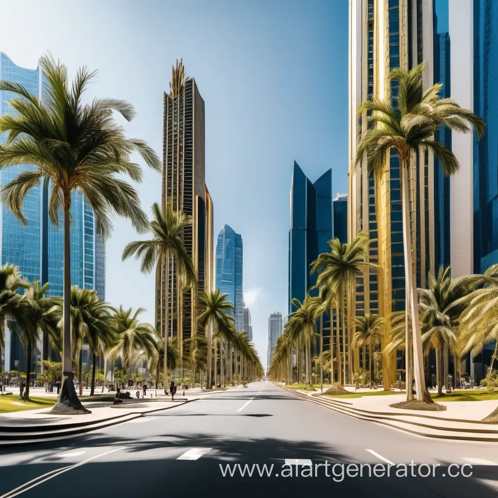 Urban-Oasis-Cityscape-with-Towering-Skyscrapers-and-Golden-Palms-Boulevard
