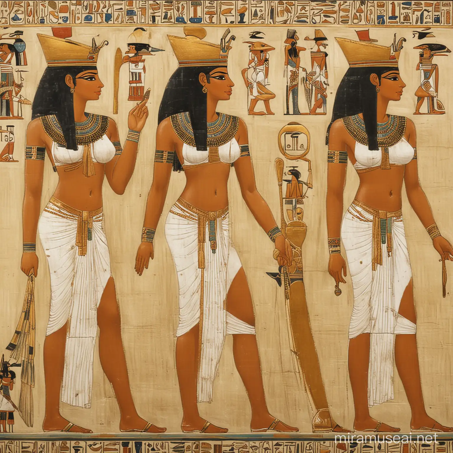 three Egyptian queens side by side in 1900 BC with busty figure. Safe for work