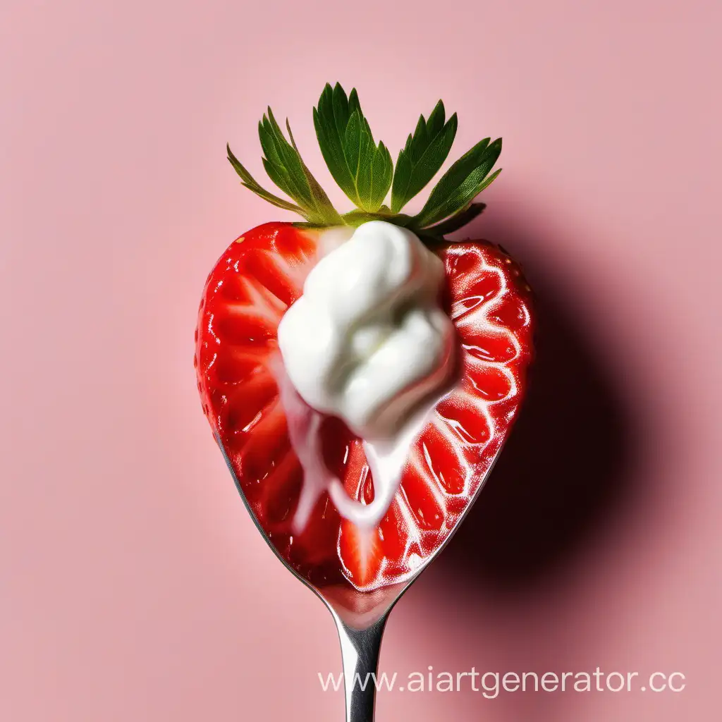 natural yoghurt inside of a strawberry, a spoon is also visible 