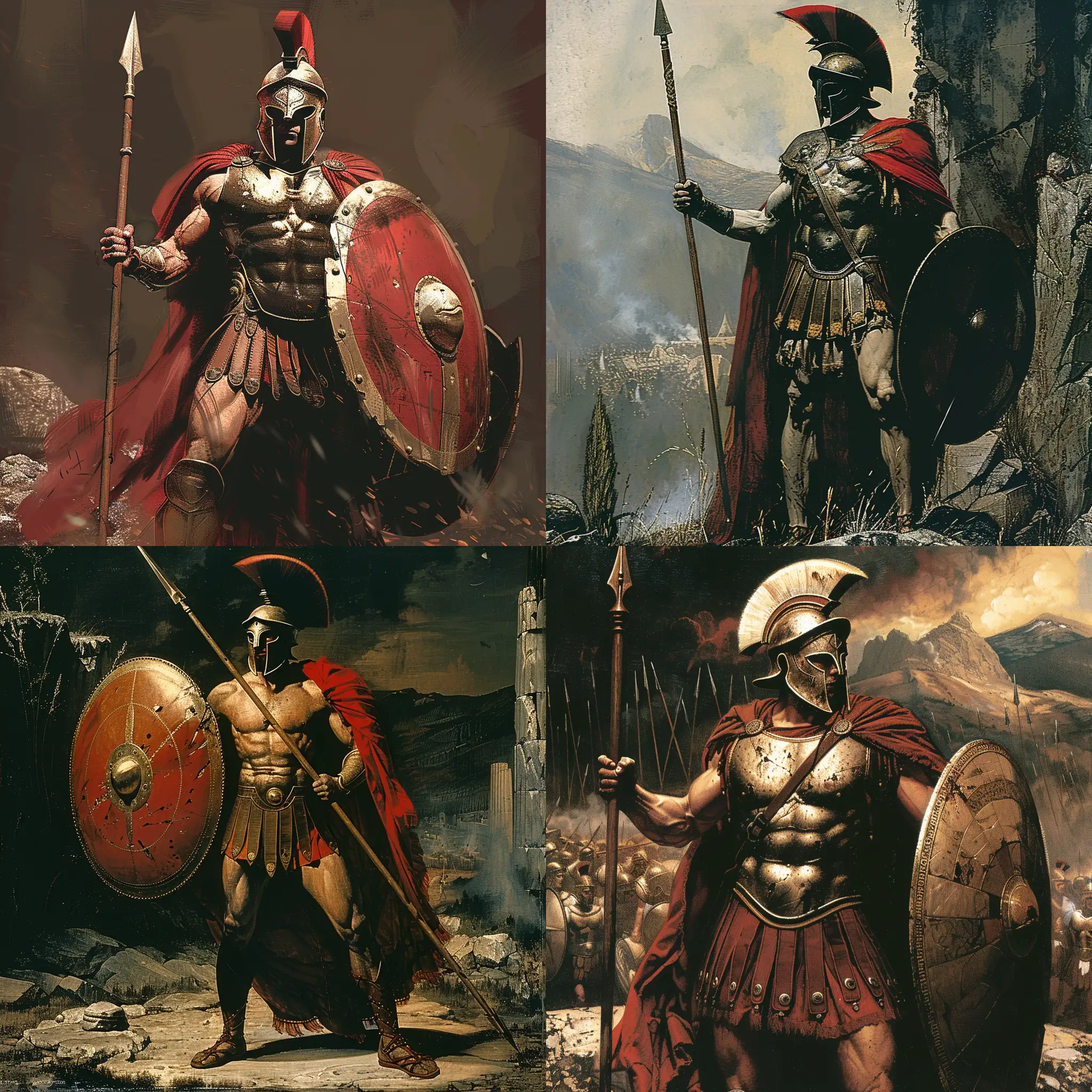 Leonidas, King of Sparta, standing bravely in front of Sparta wielding his spear and shield, artistic style