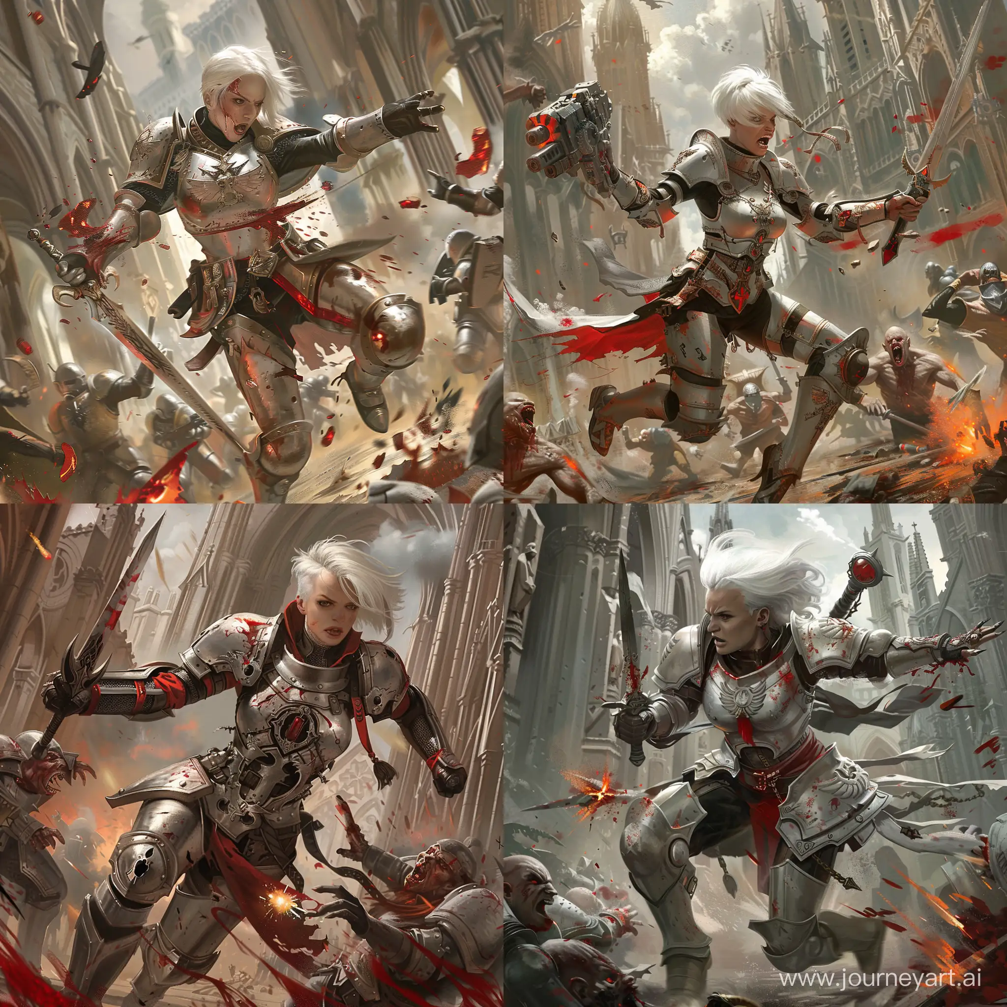 white and short haired adepta sororitas in gothic female siver armour with red elements, running and fighting with a sword and throwing granade, cathedral ruins in the background and dying warhammer cultists of chaos around her