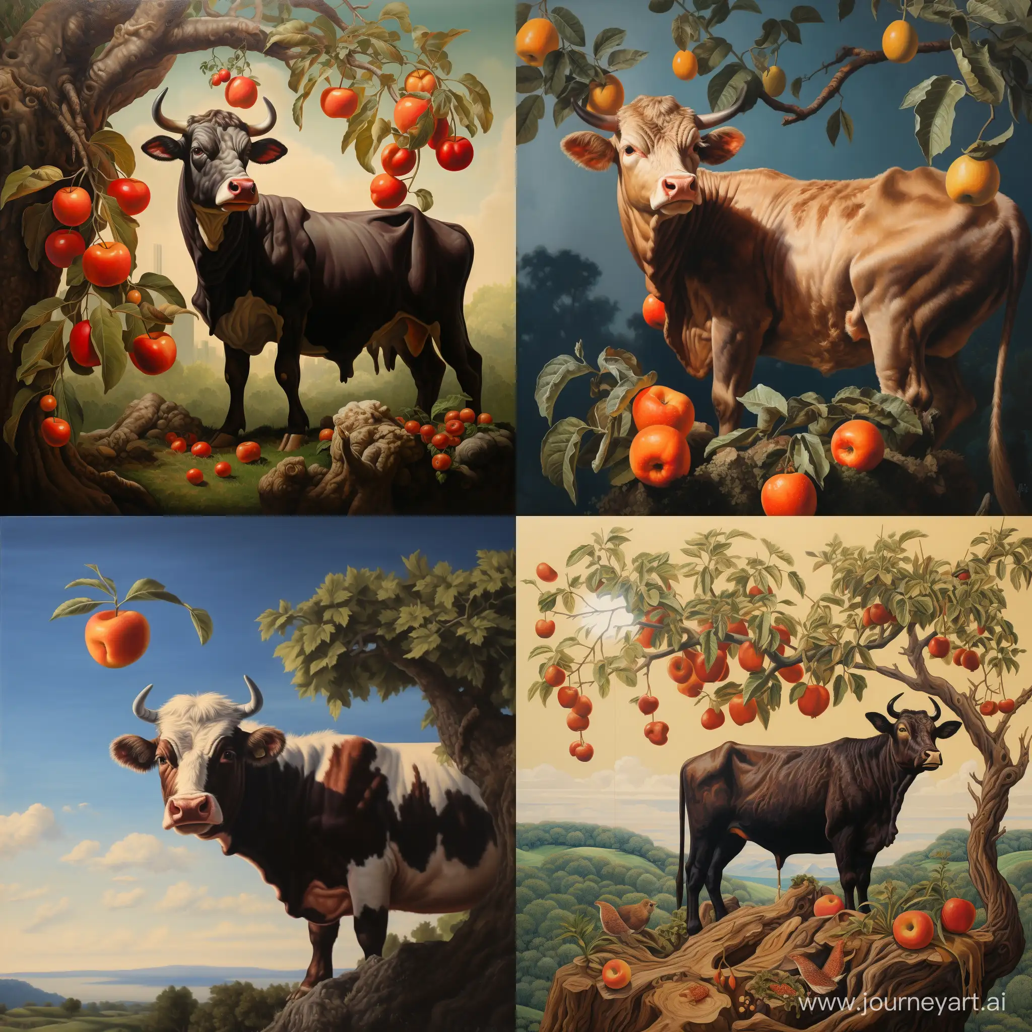 Bucolic-Scene-Curious-Cow-Enjoying-a-Tomato-Up-in-a-Tree
