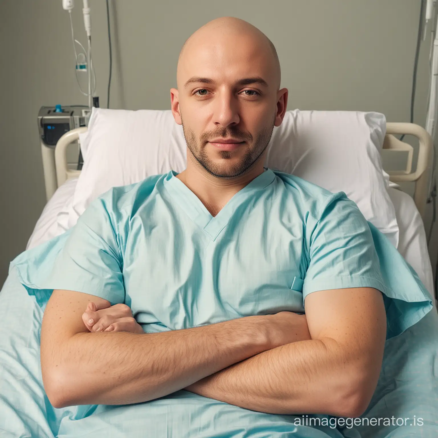 Bald man with short lying on a hospital bed