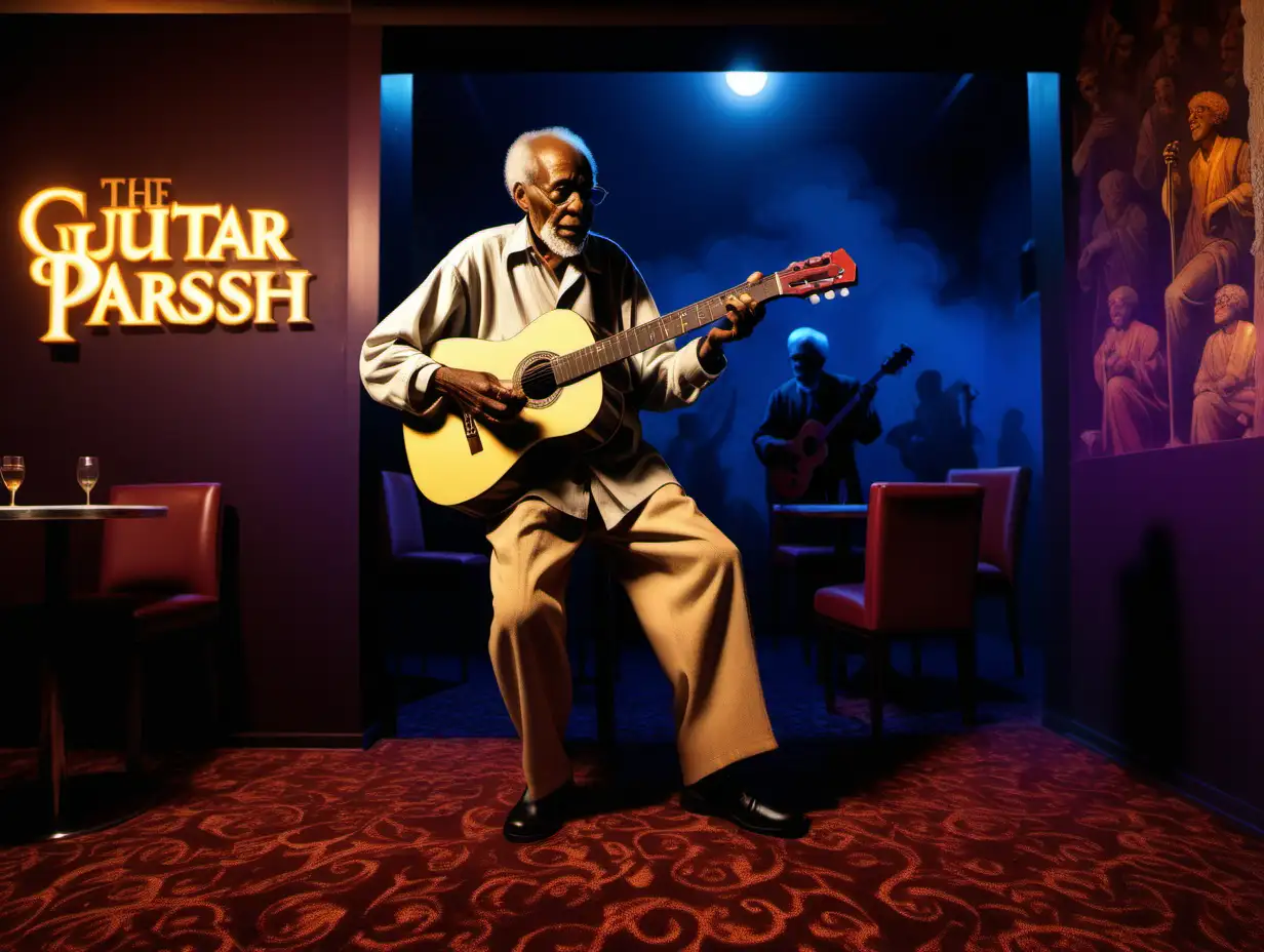 Elderly black man playing guitar standing in a Ground Zero night club Maxfield Parrish style