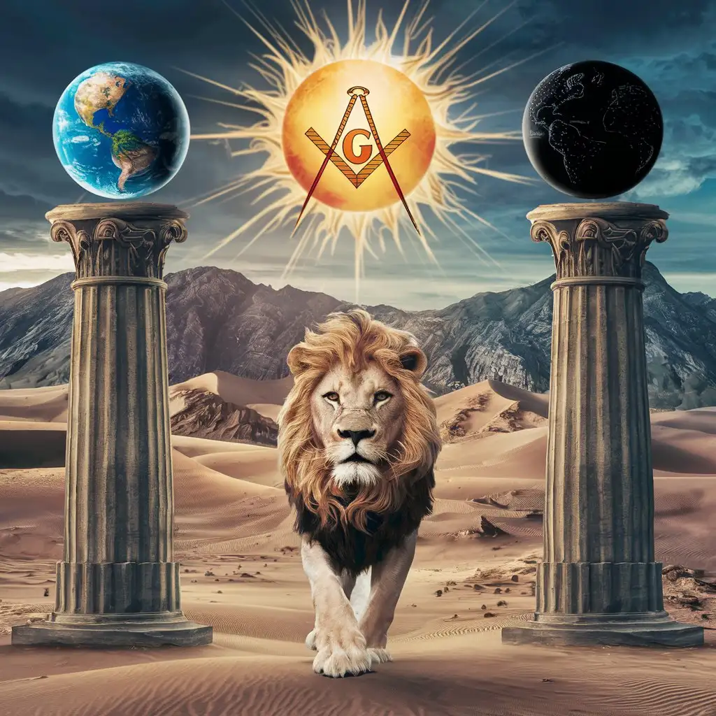 Male lion with golden mane walking through two large pillars, a globe of earth is on top of the left pillar, a black globe with small stars inside of the globe is on top of the right pillar, mountains and sand in the background, sun shining high with a masonic square and compass in the center of the sun


