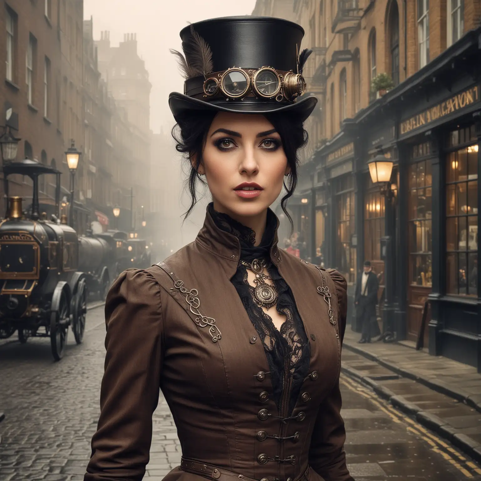 Alexia Tarabotti is a Steampunk Lady aged 35, with a very dour face, exotic, dark olive italian skin, black hair and dark eyes, big eyebrows, wide mouth, strong features. She has a slightly smouldering look. She wears the height of late victorian fashion. She exudes confidence and charisma, wit and determination.
She is stood in the streets of steampunk London and it is a realistic, moody photo