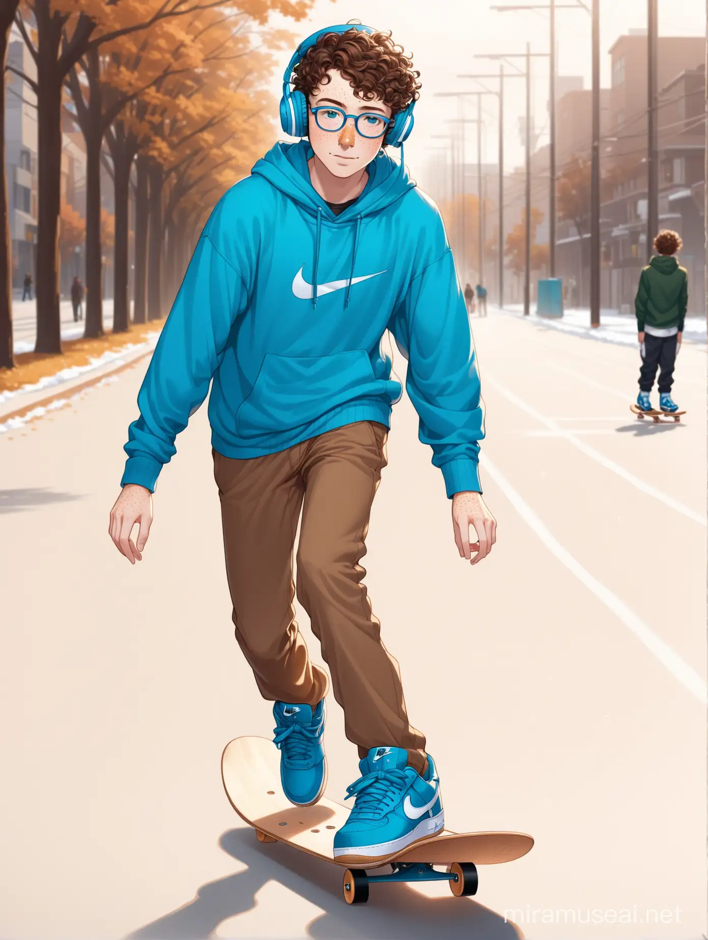 A teenage boy with curly brown hair, wearing a blue hoodie, blue round-rimmed glasses, white headphones around his neck, brown rolled-up pants, Nike Air Force shoes, and freckles around his nose, skating on a brown wooden sled in streets