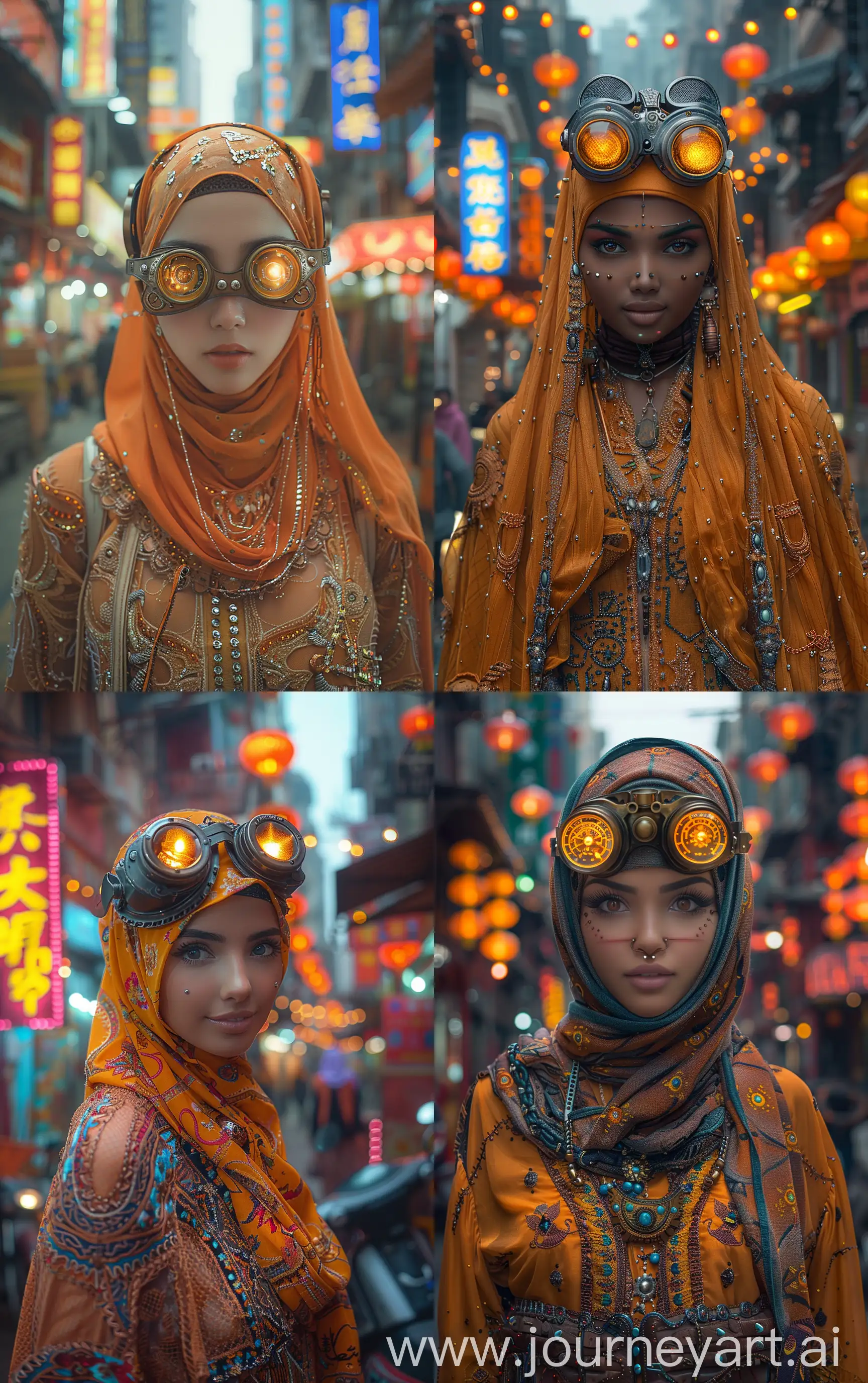 Muslim woman in steampunk muslim dress street fashion, city lights, night, goggles, yoko yamashita, in the style of futuristic optics, yellow and orange, fujifilm gw690iii, chinese cultural themes, uhd image, aesthetic, cobra --ar 10:16 --stylize 750 --v 6