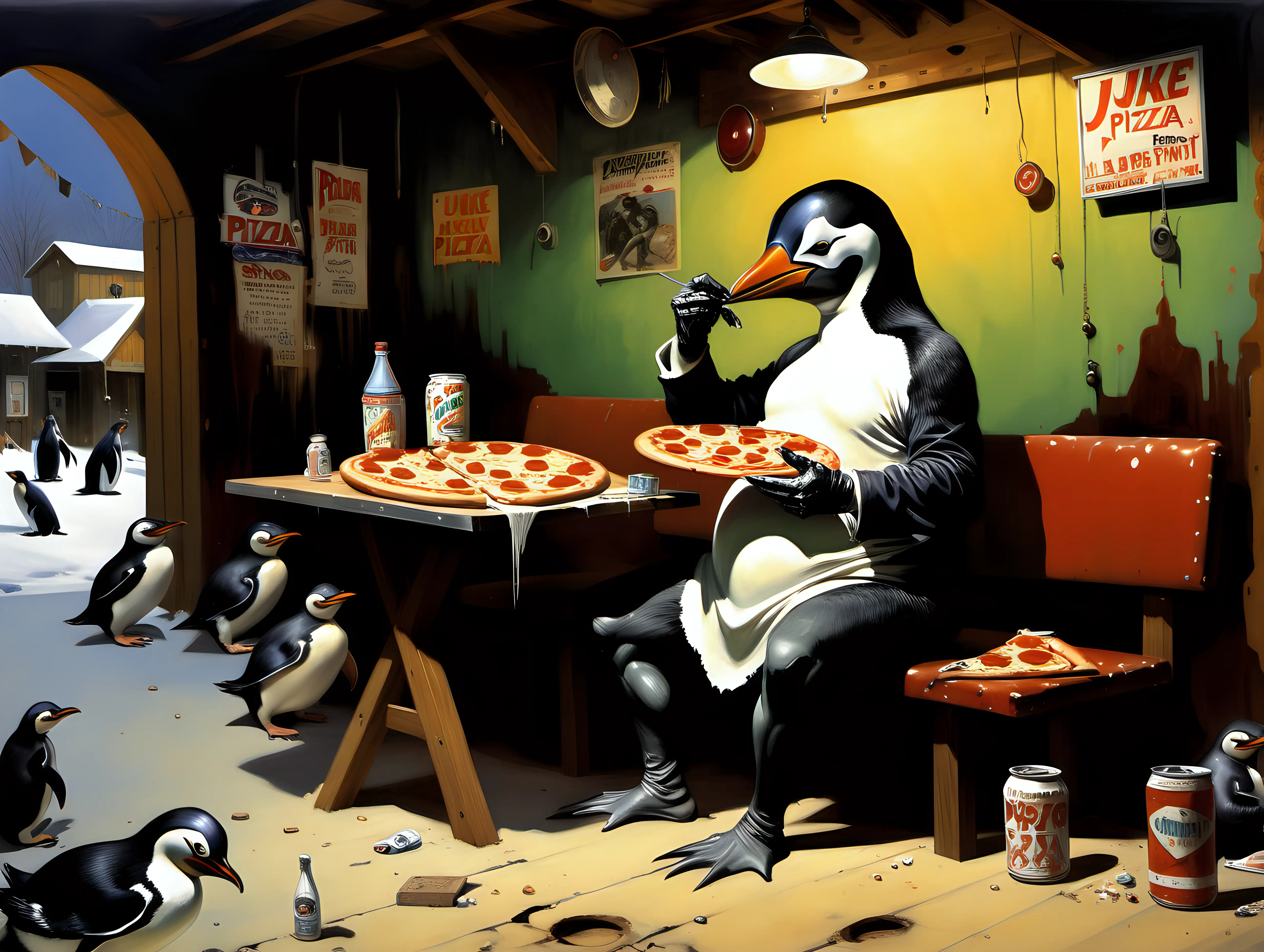 The Penquin eating pizza in a juke joint Frank Frazetta style painting