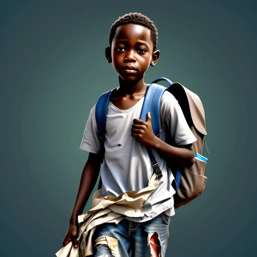 A realistic image of an African boy with turn clothes carrying backpack going to school he is wearing Clean up u calling.