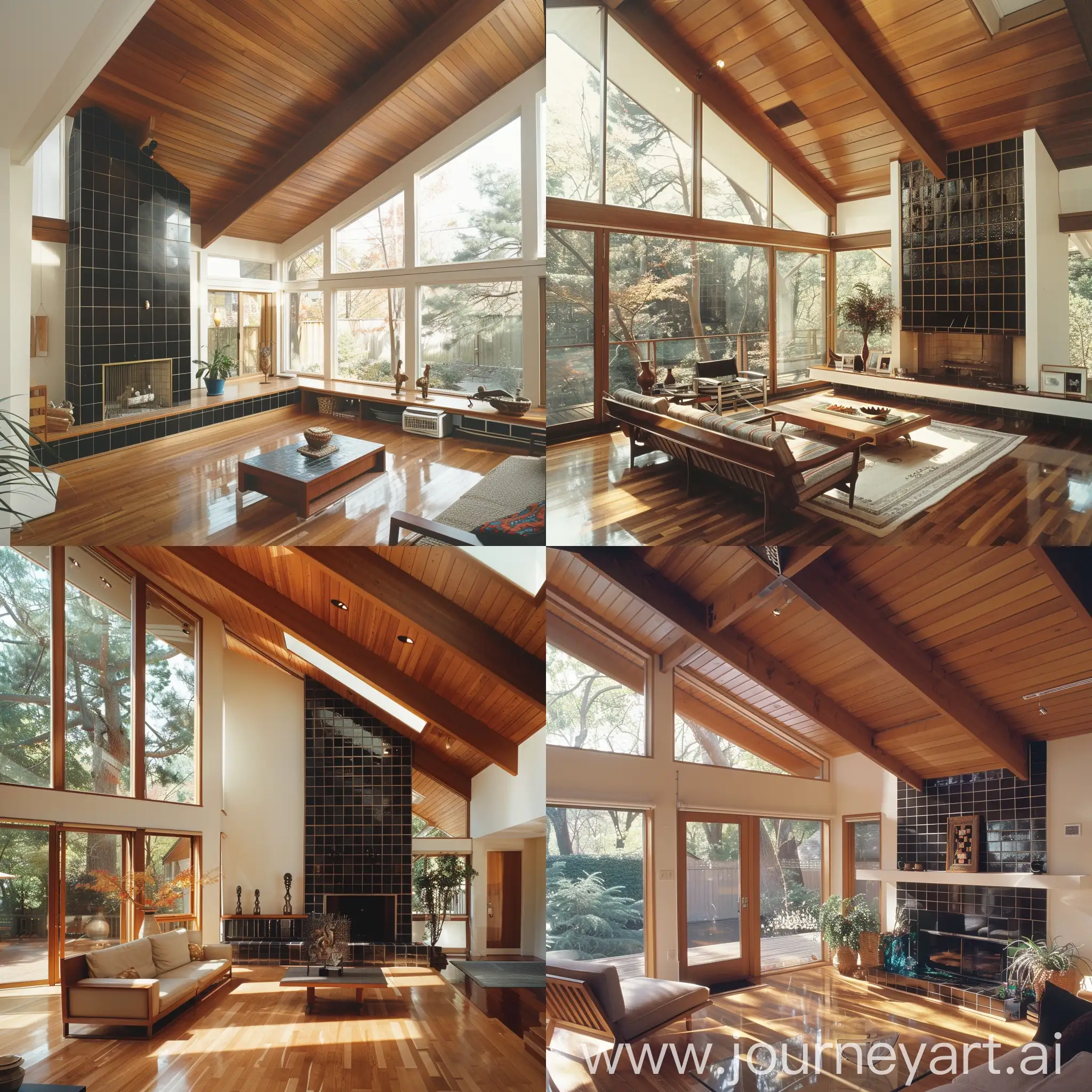 Midcentury-Modern-Living-Room-with-Japandi-Style-Fireplace-and-Tall-Glass-Windows