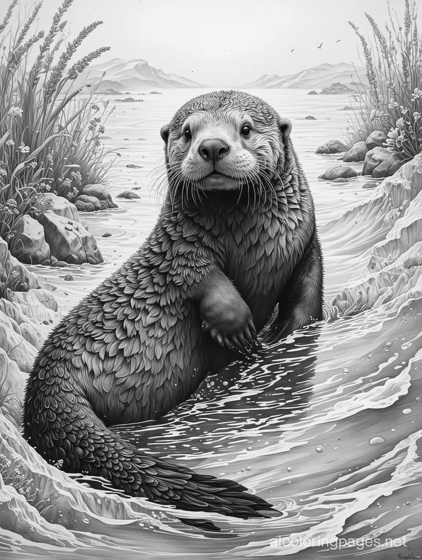 sea otter in the style of Boris Indrikoff trending on Art station  extremely detailed  fantasy  oil on canvas  beautiful  high detail  crisp quality, colourful, Coloring Page, black and white, line art, white background, Simplicity, Ample White Space. The background of the coloring page is plain white to make it easy for young children to color within the lines. The outlines of all the subjects are easy to distinguish, making it simple for kids to color without too much difficulty