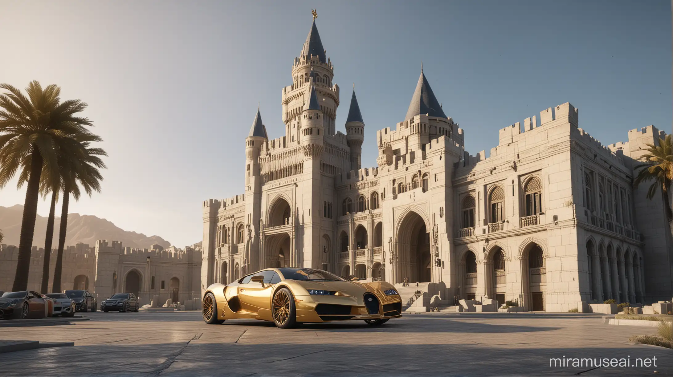 create photo realistic Kings castle with heavy Middle eastern architectural design  on the fronts with concrete panels facade , Unreal engine V 5.1, magical, there is luxurious realistic Car and a gold plated shiny private Jet airplane parking in front of castle, high quality, High definition , detailed photo, professional color grading,