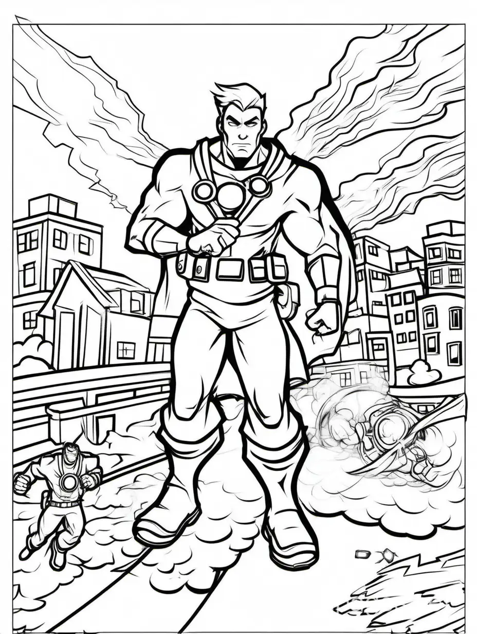 Design a scene with a hero using time manipulation powers to stop a disaster., Coloring Page, black and white, line art, white background, Simplicity, Ample White Space. The background of the coloring page is plain white to make it easy for young children to color within the lines. The outlines of all the subjects are easy to distinguish, making it simple for kids to color without too much difficulty