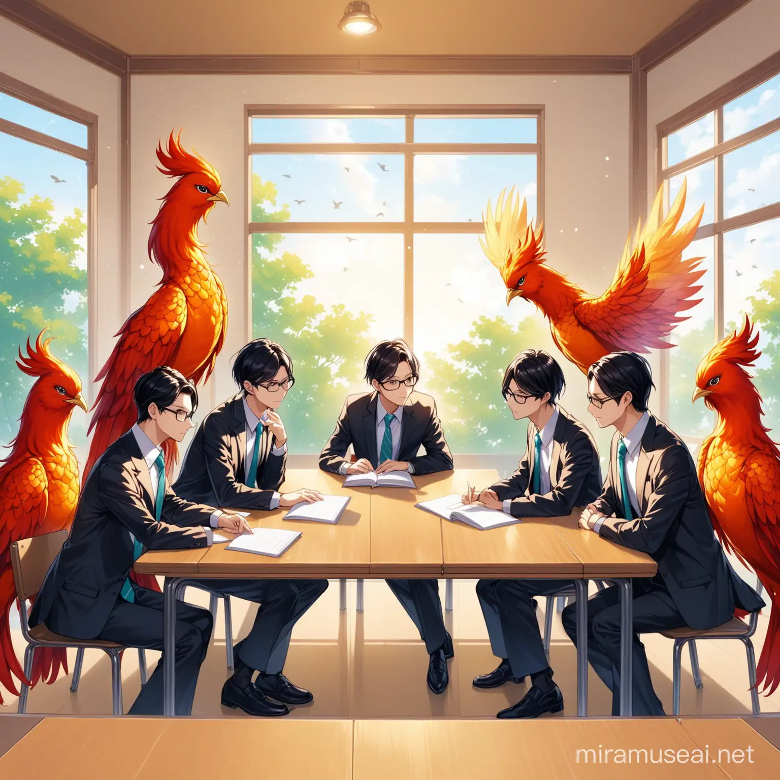 Ten Phoenix Birds  are sitting around a rectangle table, trying to learn how to teach AI to their students. Three are male, it is a pretty day, two are wearing glasses, two have ties, 