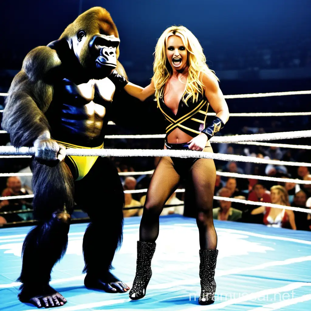 SEXY BRITNEY SPEARS WITH LONG HAIR SEXY OUTFIT VS GORILLA IN A WRESTLING MATCH