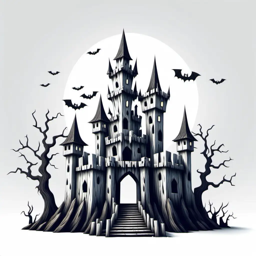 simple vector of a 3D clip art horror Halloween old wood Castle. white background. made of white wood color.