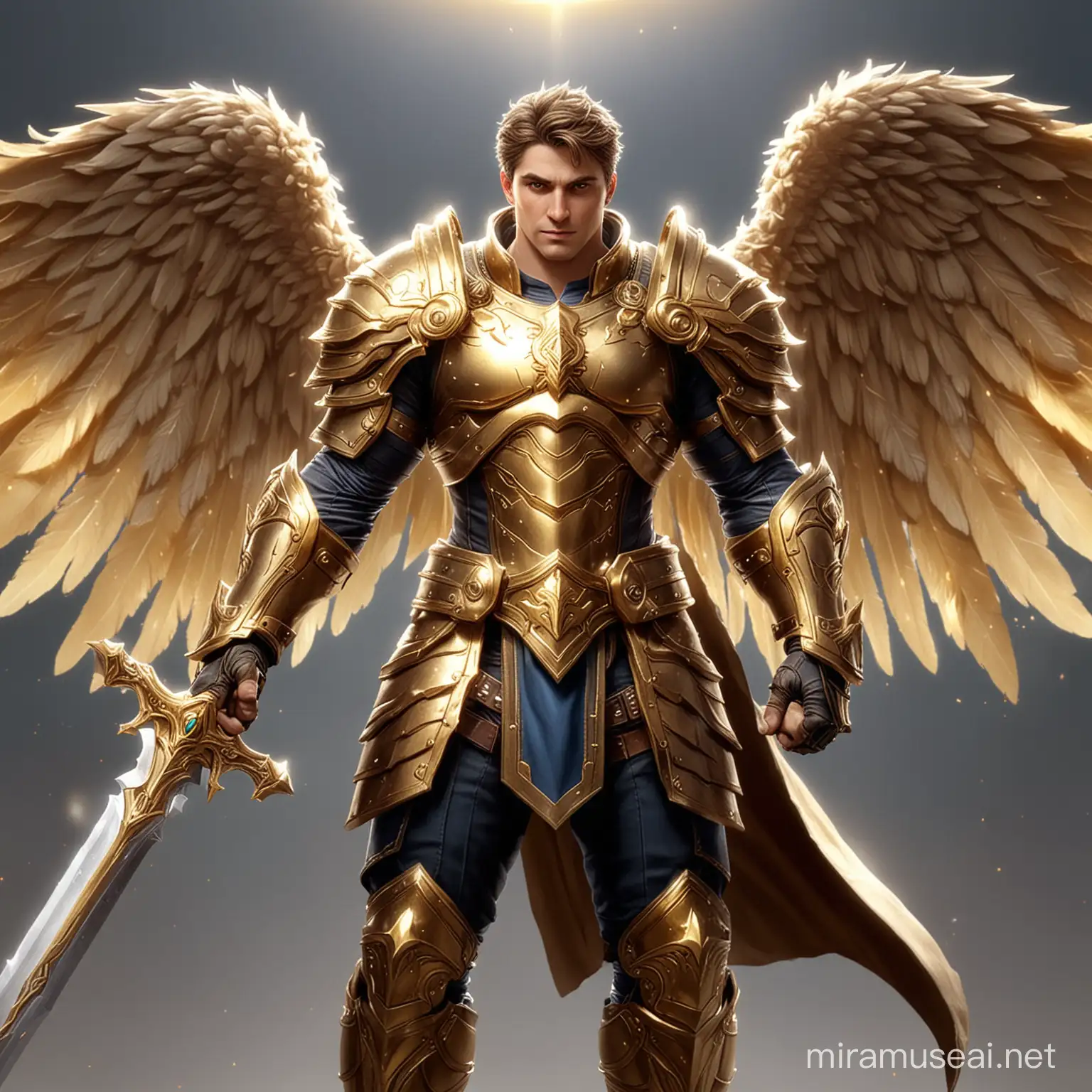 show me garen from league of legends with his full body showing
he has golden angel like wings
and an aura above his head
make him have short curly light brown hair
he is wearing a holy plate armor like paladins from world of warcraft universe
he has a sword
