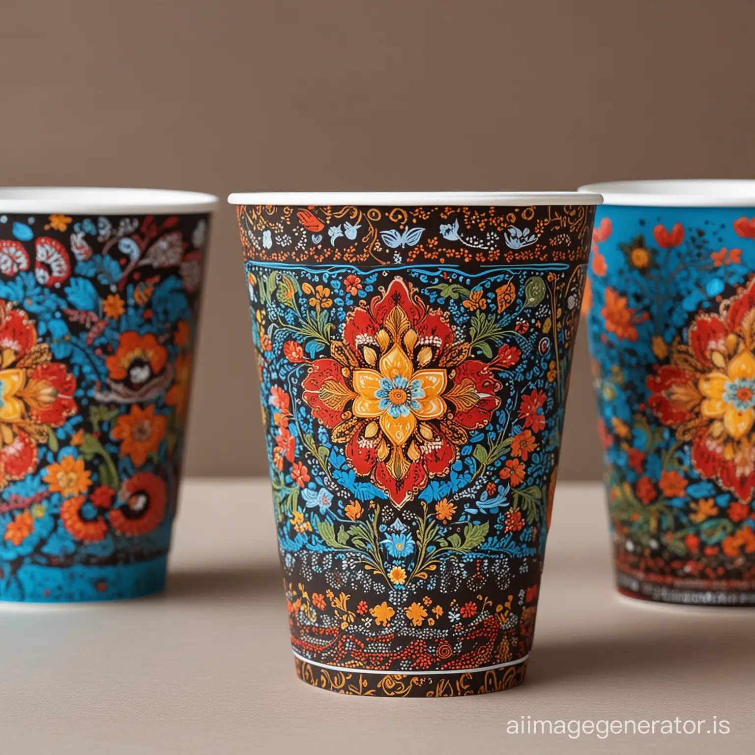 Design a coffee paper cup inspired by Russian folk art, incorporating elements such as traditional motifs, intricate patterns, and vibrant colors to capture the essence of Russian culture and heritage.