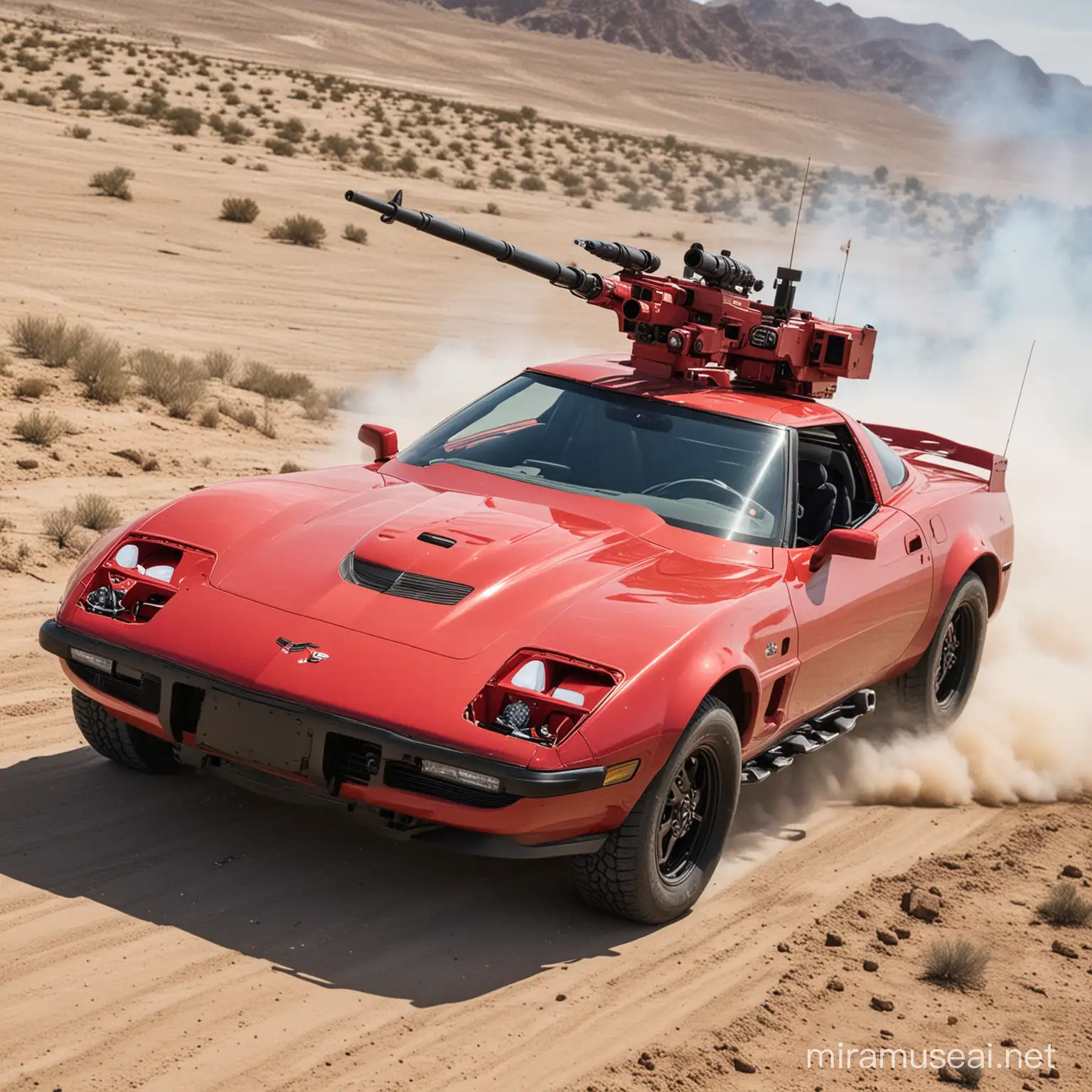 Sleek Red C4 Corvette Armed with Missile Launcher and Machine Guns