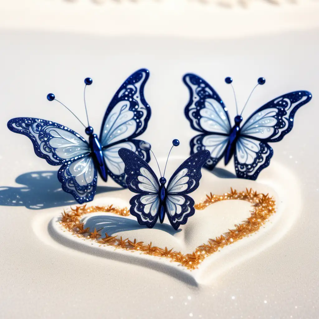 Glitter glowing triple hearts , with  tiger lily flowers, on a sunny white sandy beach, one beautiful delicate lacey glistening butterfly, glitter, gloving, transparent, Navy blue, Black and white