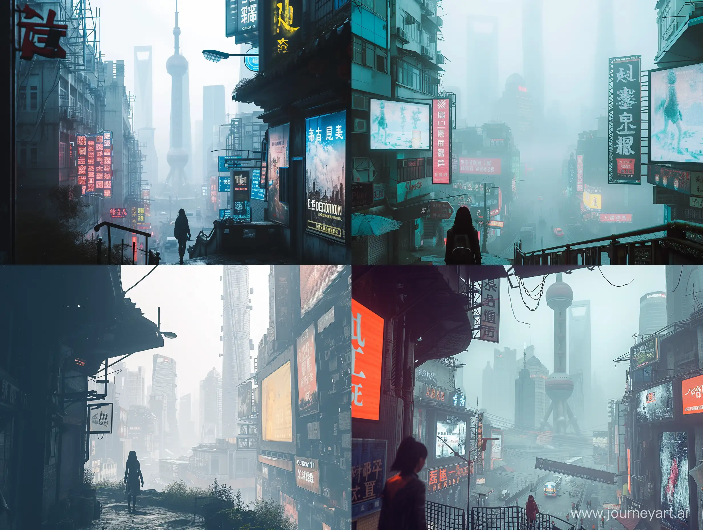 a bustling large Procedural shanghai cityscape, the photo is bathed in natural lighting, relaxing setting. Shot in 4k with a high end DSLR camera. such as a Canon EOS R5 with a 50mm f/1. 2 lens, creative architectures, full view, skyline, vivid, foggy, dystopian, science fiction, skyline, billboards, nature, year 2100 futuristic, a cyberpunk woman walking through a alleyway looking at the viewer, landscape, environment,
