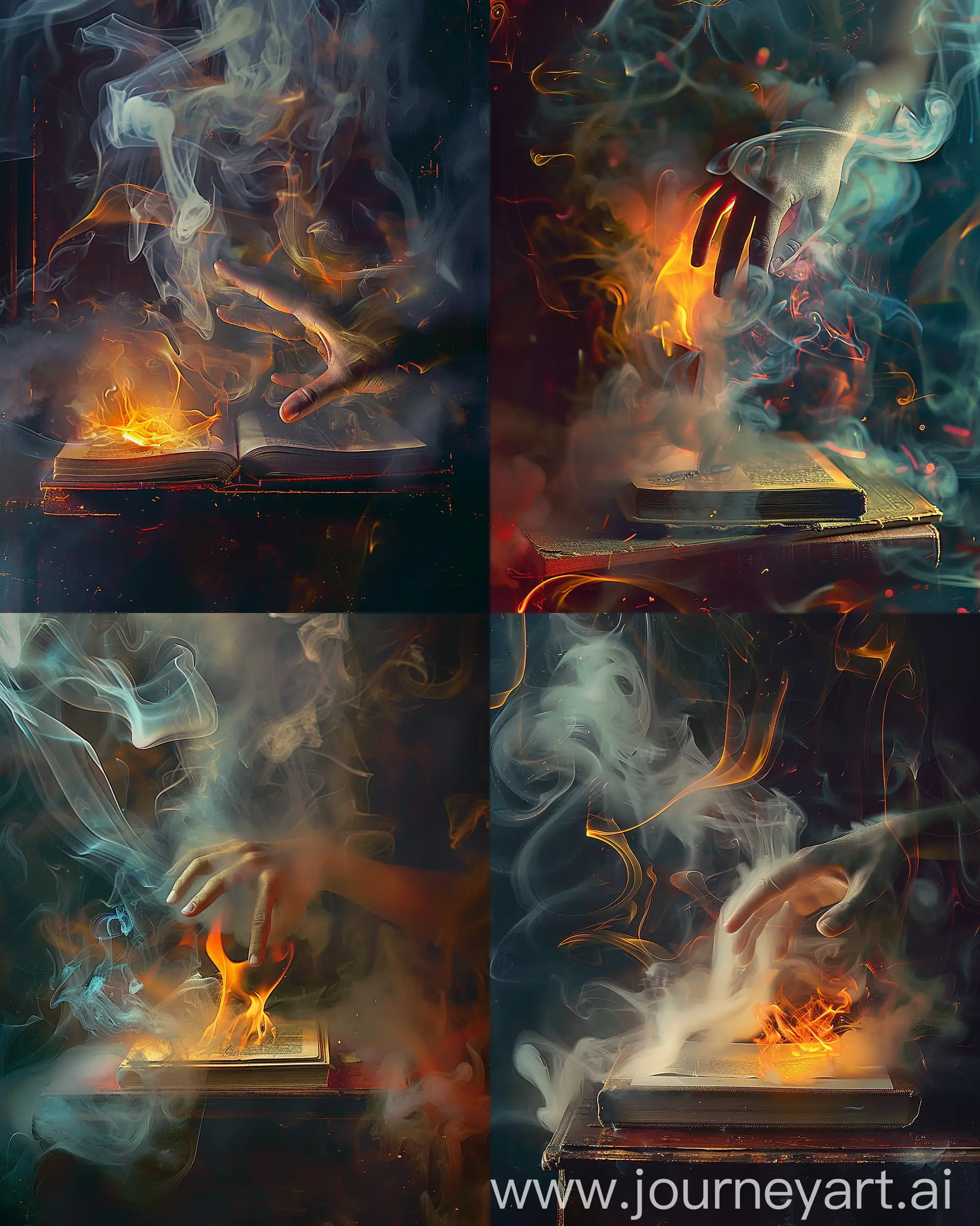 https://i.postimg.cc/d1NKmVS3/1711362016846ud7nxk1h.png, staged photography of A hand emerges from the smoke and shows the burning book, in style of jeffrey g batchelor paintings, abstract atmosphere, surrealism object, poetical, Painting, Fine Art, 8K, Rim Lighting, Artificial Lighting, Cinematic Lighting --ar 4:5

