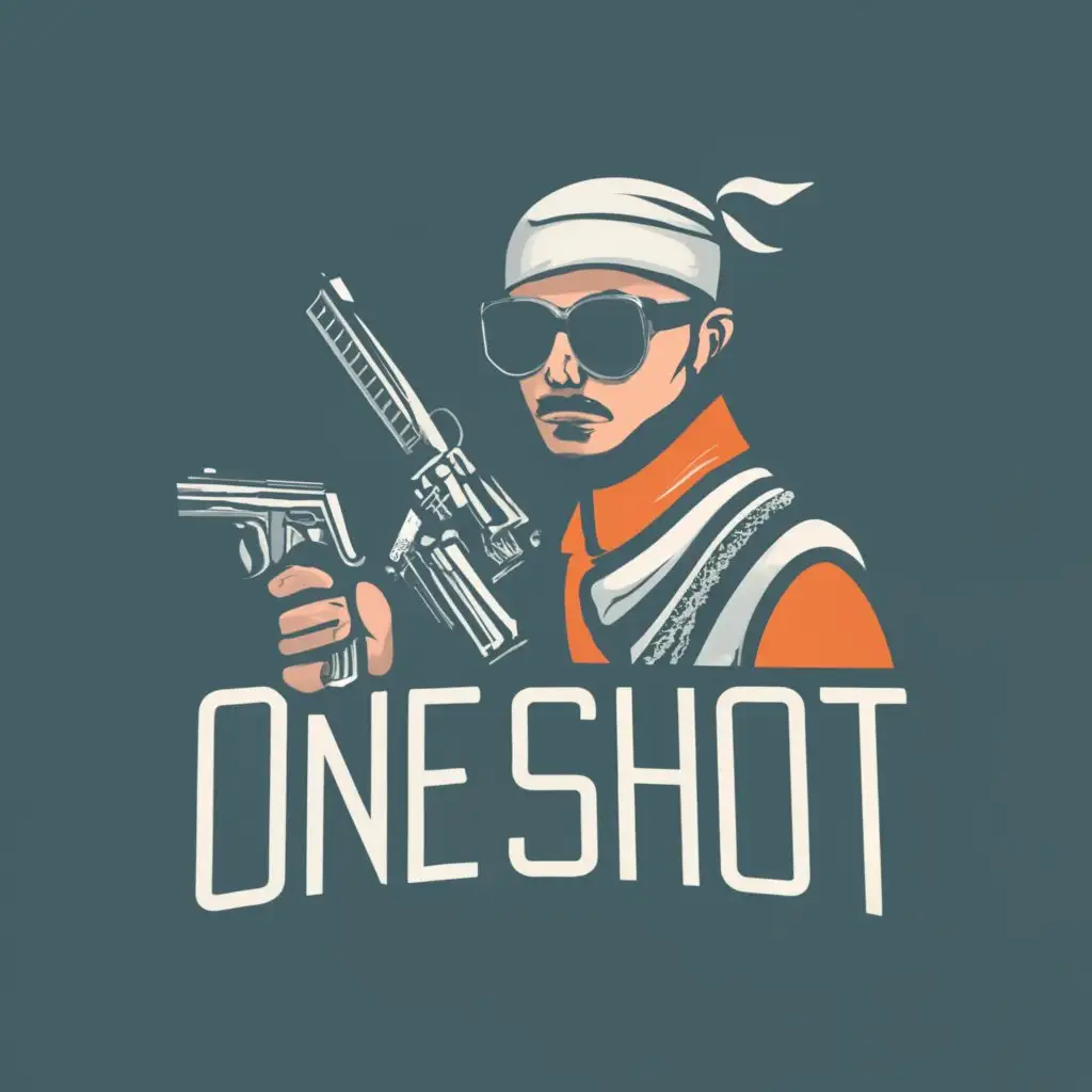 logo, an abstract man in jeans and a white windbreaker with a bulletproof vest on and a bandana and glasses with a gun in his hands, with the text "Oneshootnul", typography, be used in Entertainment industry