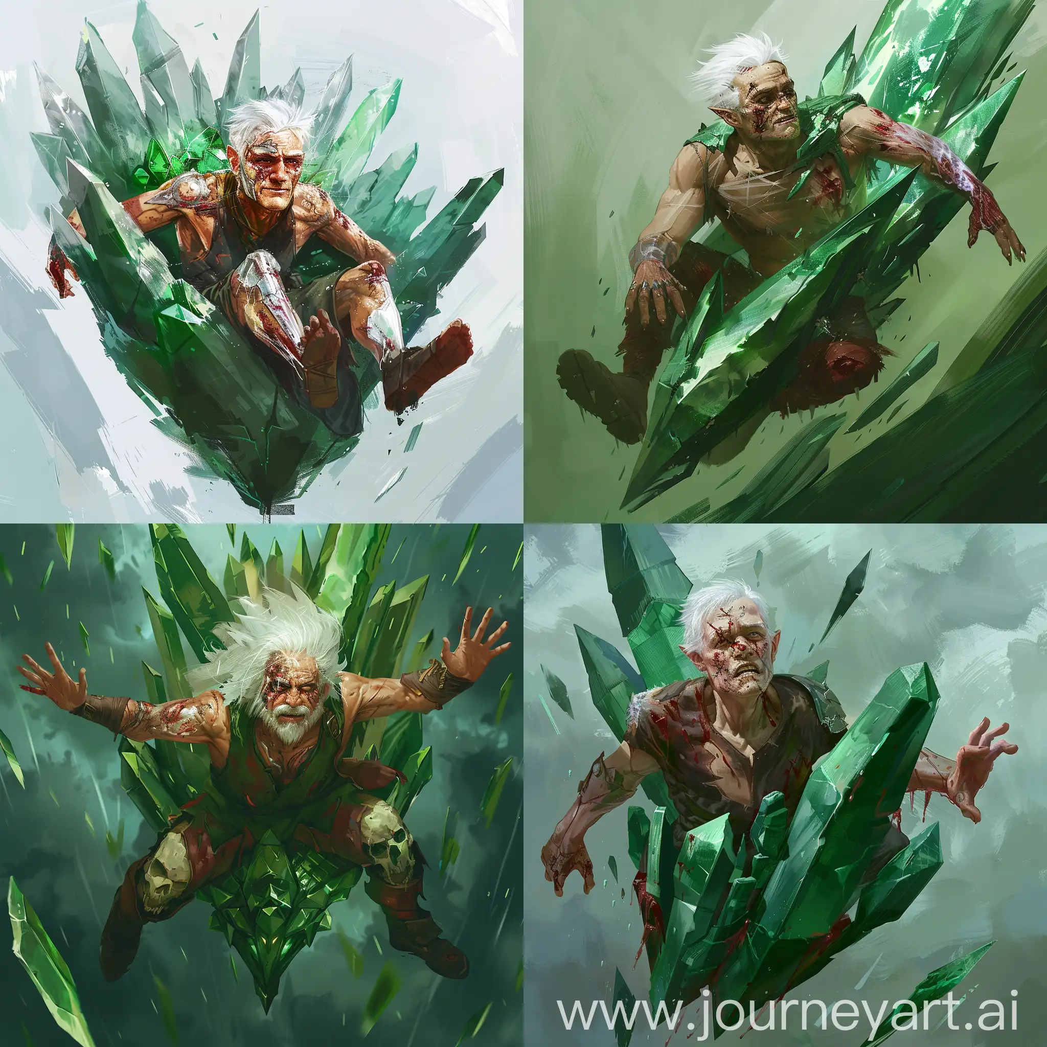 a mage class, middle aged, has injuries on his face and body, white hair, no beard, male, flying on a green crystal flying throne,full body painting, dungeons and dragons artstyle, oil painting, digital painting, brush strokes, fantasy, realism