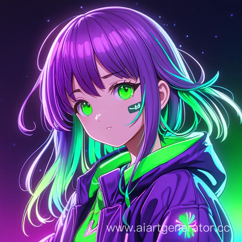 Нарисуй обои с аниме девочкой в неонных, зелёного фиолетовых цветах