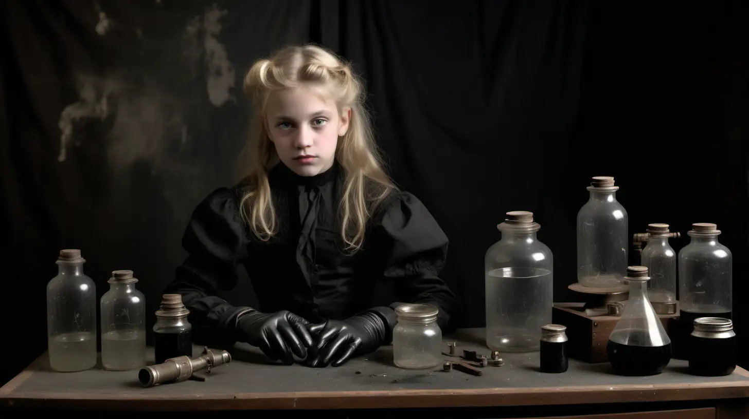 1899, young blond girl dressed in black with black gloves, wooden cabinetry,  photographic studio with old camera and tripod, jars with chemicals, eerie atmosphere.
