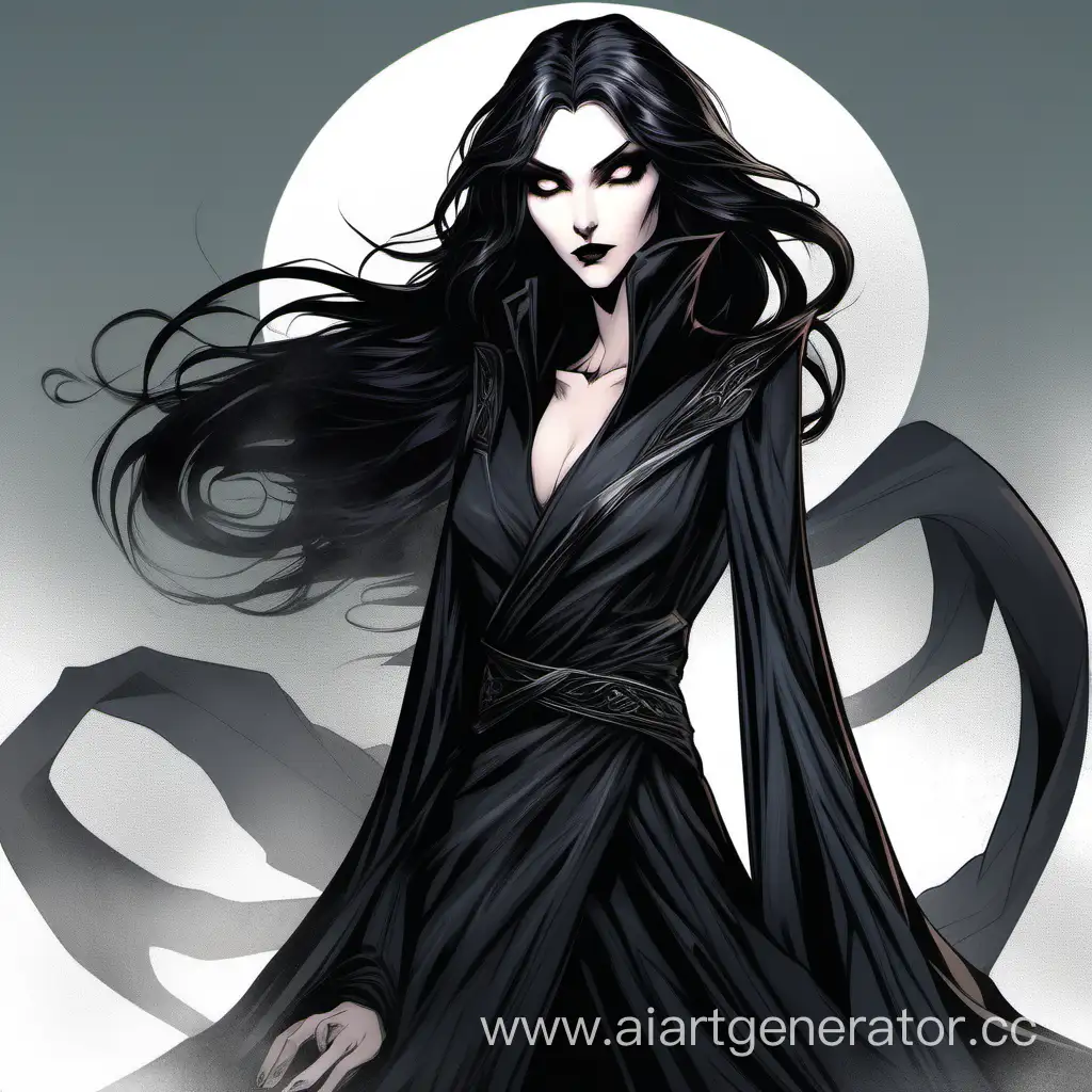 Tall, vampiric, black-haired elfin woman with predatory eyes. Elementalist. Wears black fit-and-flare robes with long, flowing sleeves. Grey eyes that slant diagonally. Sharp, angular face with high cheekbones and pale, lifeless skin. Hair parted in the middle, ending at her waist. 
Mentorly, teacher, intelligent, compassionate.