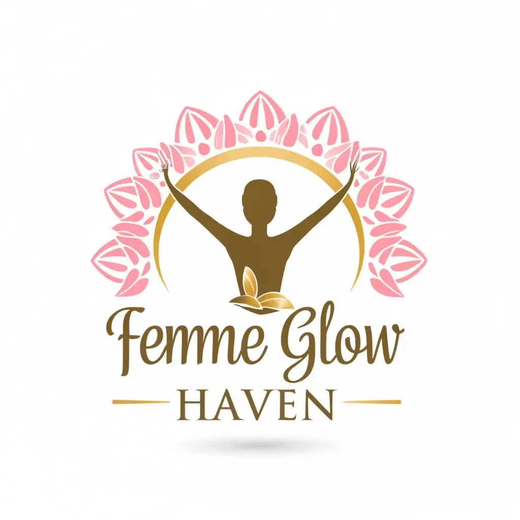a logo design,with the text "Femme Glow Haven", main symbol:Create an image of a logo for the brand "Femme Glow Haven," which caters to health and beauty products for women and girls. The logo should embody a sense of empowerment and beauty, appealing directly to its target demographic. Imagine the logo in 3D, making it stand out with depth and dimensionality. The design should incorporate elements that reflect both health and beauty, perhaps using symbols like a stylized female figure, flowers, or a radiant sun to suggest growth, natural beauty, and inner glow. The color scheme should be warm and inviting, with hues that suggest positivity, such as soft pinks, golds, and whites. The brand name "Femme Glow Haven" should be integrated into the design in a elegant, readable font that balances modernity with timelessness. Overall, the logo should convey a message of empowerment, wellness, and beauty, making it instantly recognizable and appealing to its audience.

,complex,clear background