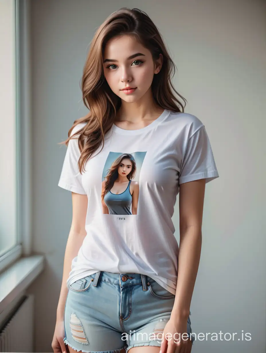 professional photograph of the the sexiest 20 year old woman, posing in just a t-shirt. full body in picture. Natural light, realistic photograph, 80mm lens ((masterpiece))