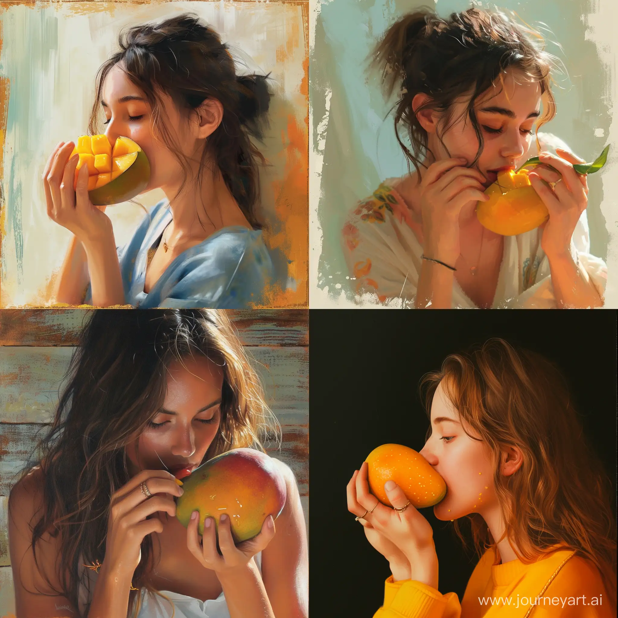 A young woman is eating a mango. Use the style of realism.