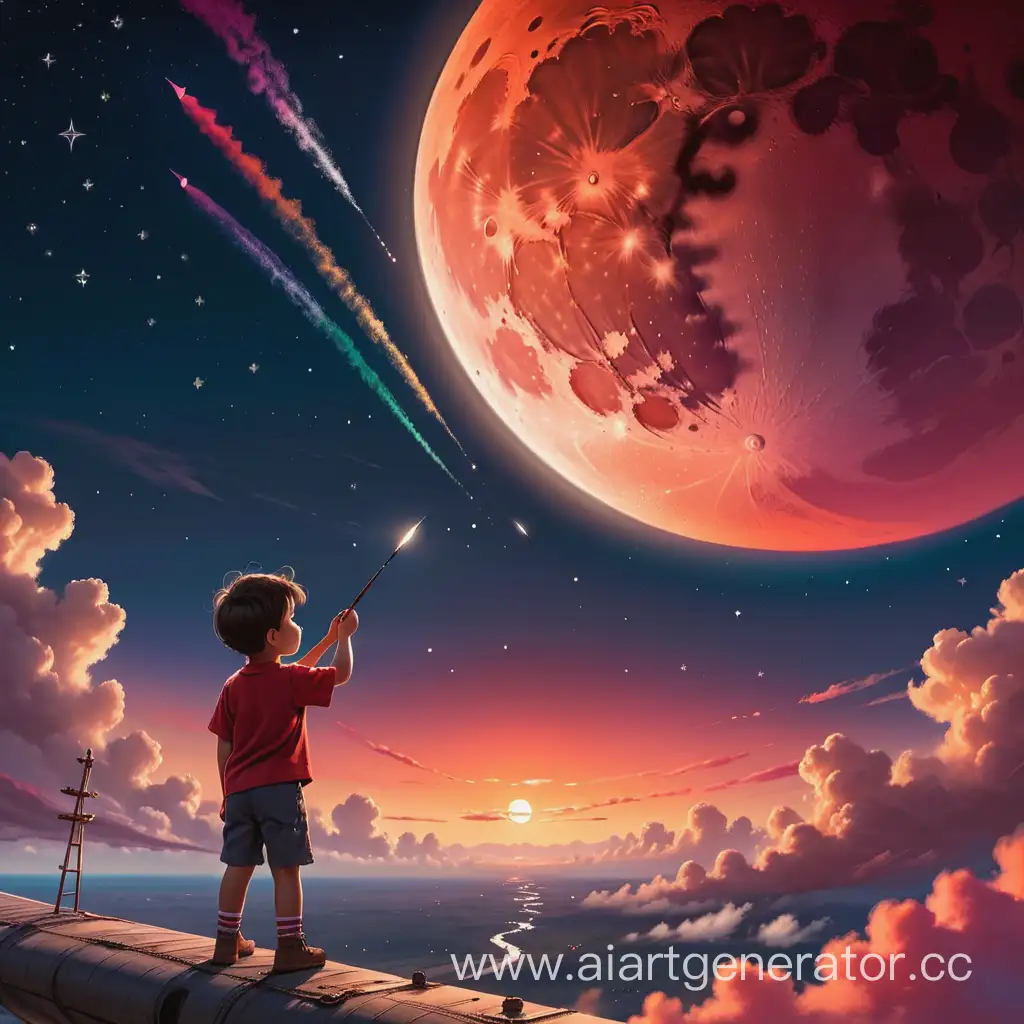 огромное ,красочное  красное небо, видна луна, вдалеке пролетают звезды.  самолет летит по своему маршруту, внизу стоит маленький мальчик, наблюдающий за всем этим, в руках у него кисточка, а перед ним полотно, на котором он рисует