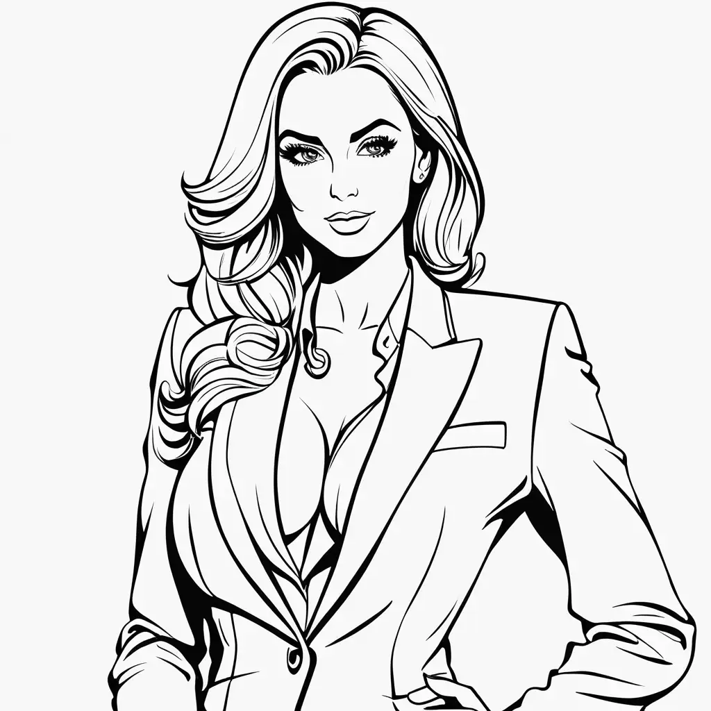 black and white, coloring book outline, a beautiful, sexy woman in a business suit showing a lot of cleavage