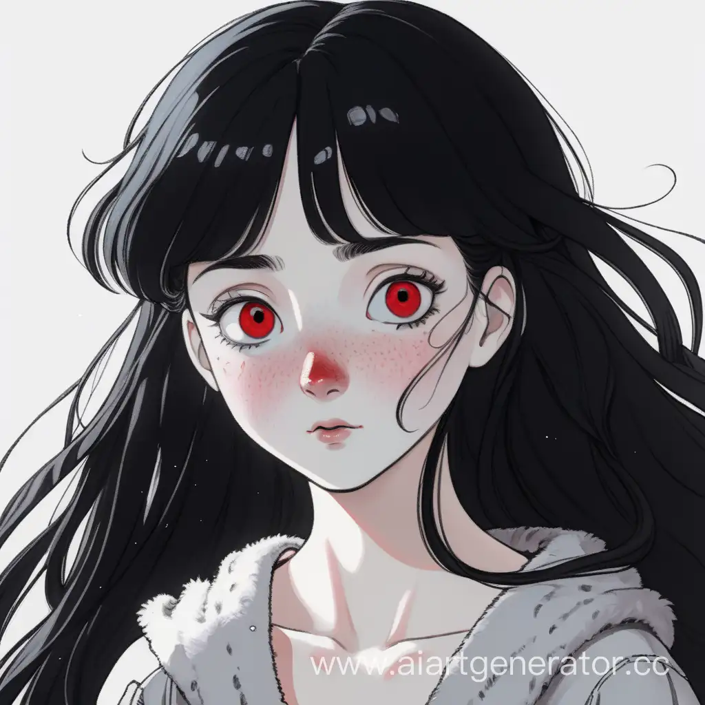 A thin 24-year-old woman with snow-white skin and freckles. Ruby-red eyes with black flecks, thick black hair. Ghibli art style.