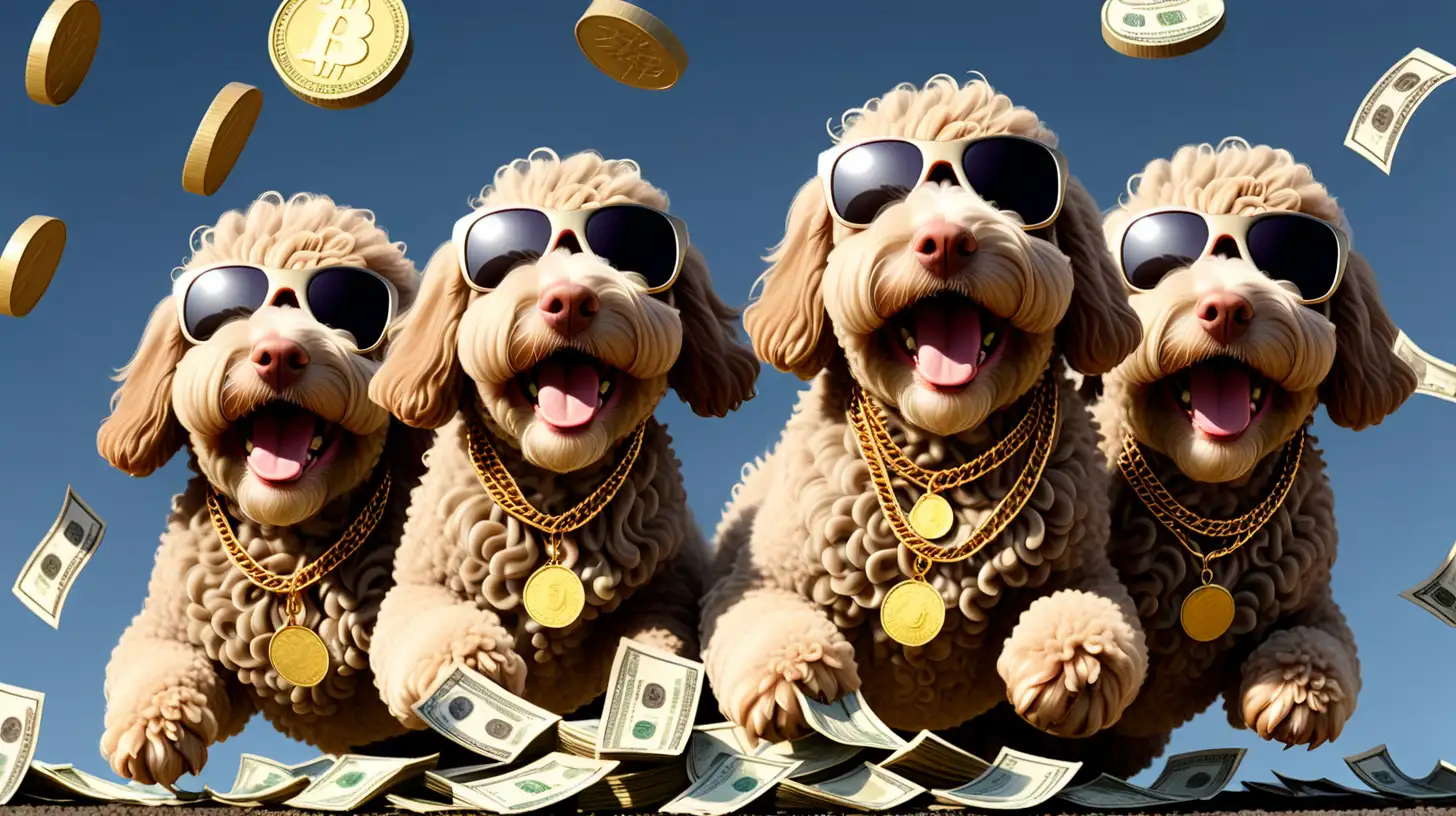 Joyful Labradoodles with Sunglasses and Gold Coin Chain Celebrating in Money Pile